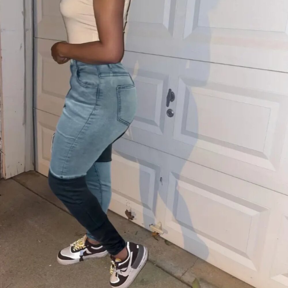 Patchwork Skinny Jeans, High-Stretch Slant Pockets Fashion Denim Pants, Women's